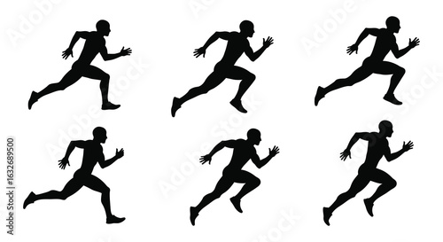 Six dynamic black silhouettes of male runners in mid stride showcasing different phases of athletic movement silhouette. vector design. Silhouette vector design illustration
