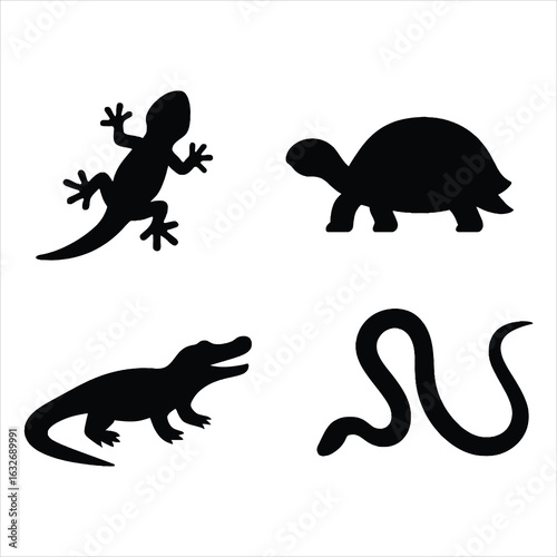 Four silhouettes of reptiles and amphibians including a lizard turtle crocodile and snake