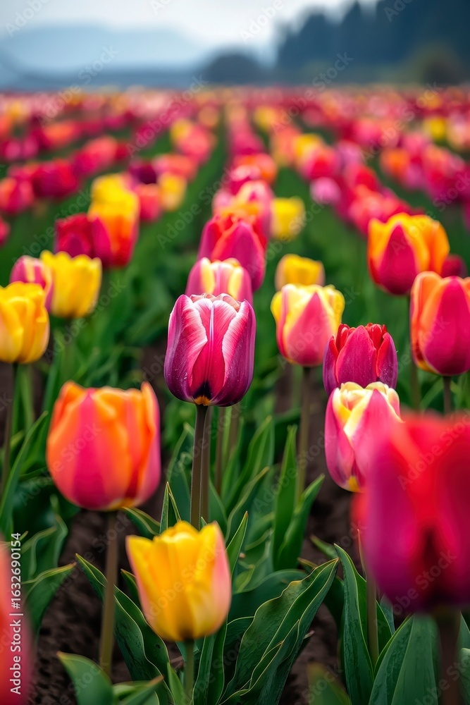 Vibrant Field of Tulips in Various Colors under a Soft Sky Vibrant Field of Tulips in Various Colors under a Soft Sky