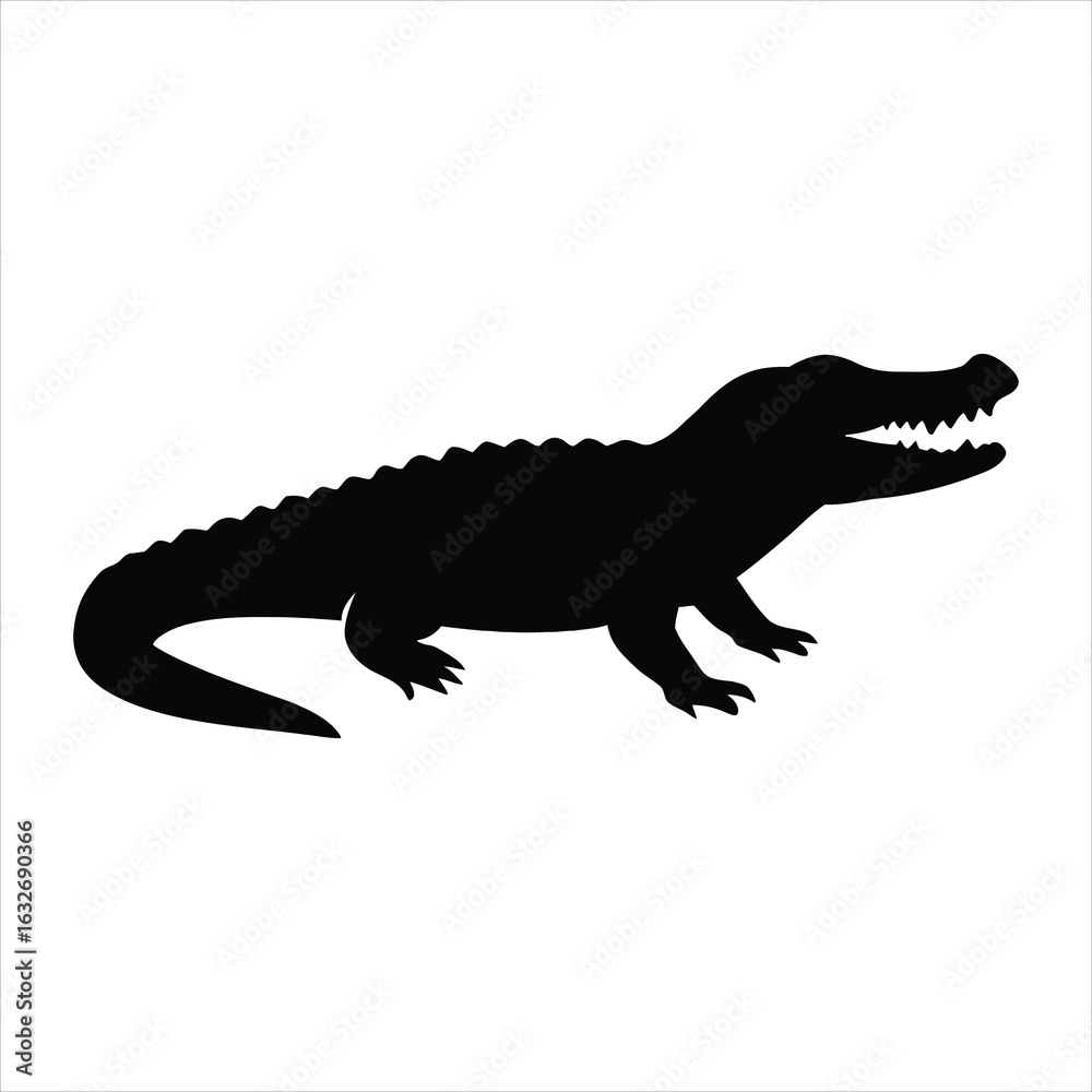 Obraz premium Silhouette of a fierce alligator with its mouth open showing sharp teeth on a white background