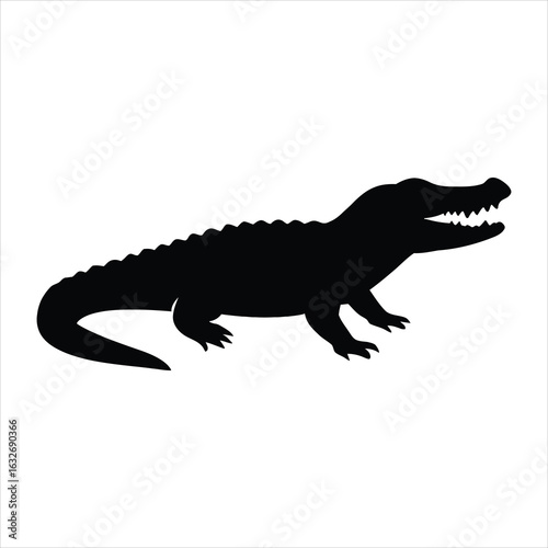Silhouette of a fierce alligator with its mouth open showing sharp teeth on a white background