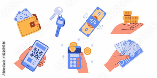 Financial transactions and payments illustrated with hands and icons