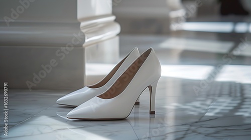 Elegant White High Heel Shoes on a Marble Floor Illuminated by Soft Sunlight