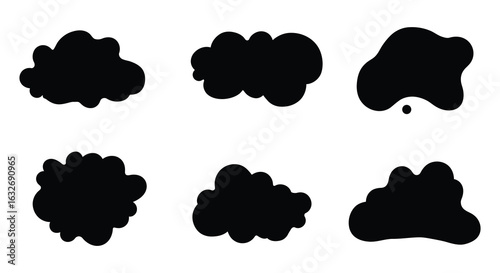 Collection of six abstract organic ink blot shapes in a black silhouette style. vector design. Silhouette vector design illustration
