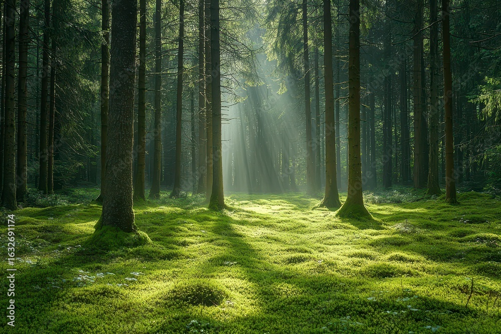 Fototapeta premium Serene Sunlit Forest with Lush Green Moss and Tall Trees