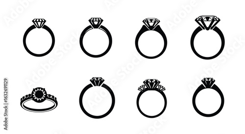 Collection of eight different diamond engagement ring silhouettes with varying band styles and stone cuts silhouette