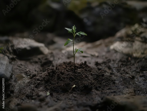Tiny Plant Emerging from Dark Soil with Gentle Natural Lighting