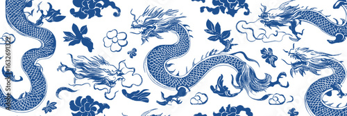 Blue and white porcelain style Chinese dragon seamless pattern with floral and cloud motifs in flat minimalist vector design for decorative textile and wallpaper backgrounds