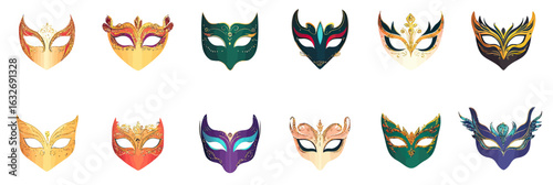 Set of twelve colorful masquerade carnival masks with ornamental details in flat minimalist vector style isolated on white background for festive costume party celebration design
