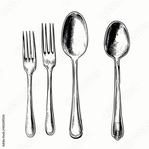 Hand drawn vintage fork and spoon set detailed realistic sketch isolated on white background classic cutlery collection illustration