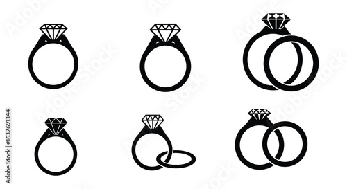 Collection of diamond engagement and wedding ring silhouettes in various styles and arrangements silhouette. vector design. Silhouette vector design illustration
