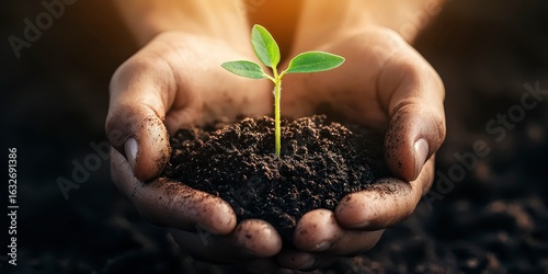 Hands Holding Soil with Tiny Green Plant Growing in Sunlight