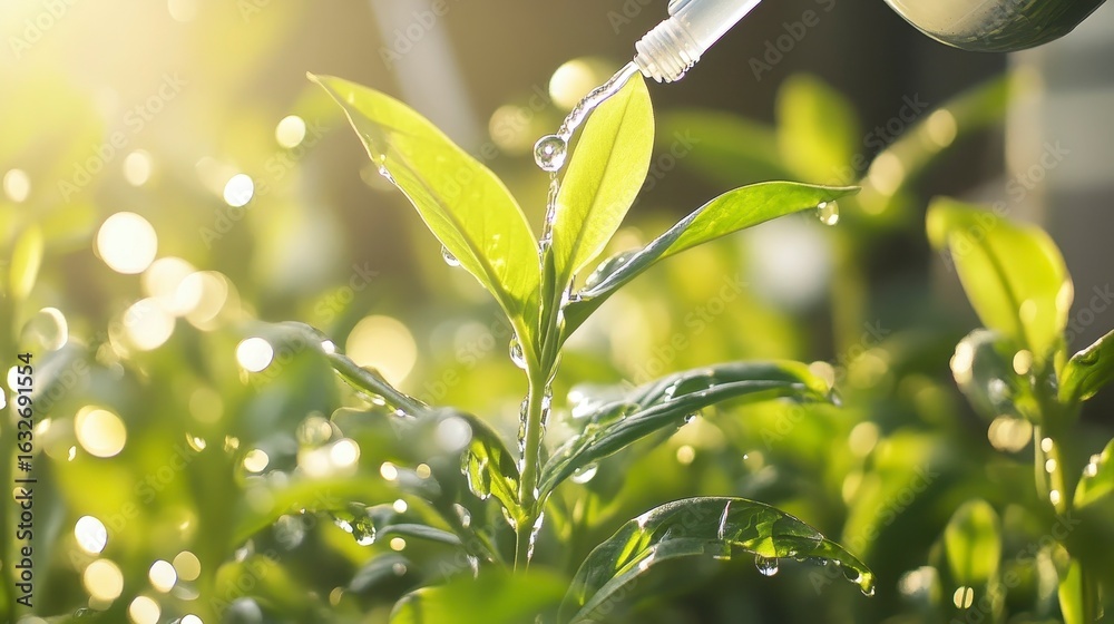 Obraz premium Fresh Green Leaves with Water Drops, Nature Close-Up in Sunlight