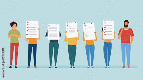 Group of diverse people holding survey sheets with check marks and filling out feedback forms in flat minimalist style vector illustration