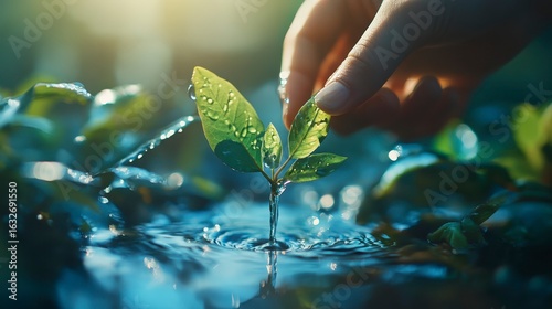 Hand Nurturing Fresh Green Leaves in Calm Water Environment