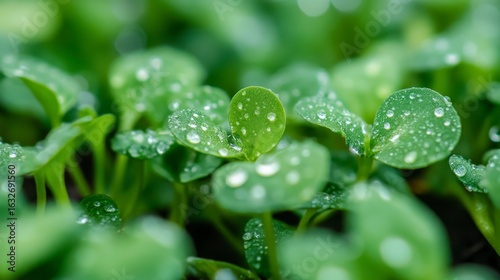 Dew on Fresh Green Seedlings in Lush Garden Environment