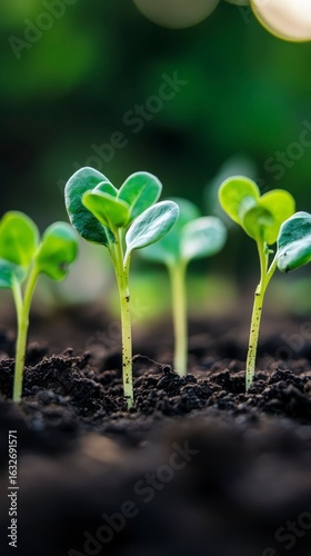 Green Seedlings Emerging from Rich Soil in Natural Environment