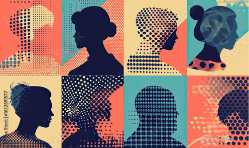 Retro surreal vector collage of diverse human silhouettes with halftone dot patterns and contemporary abstract shapes in minimalist style poster art design