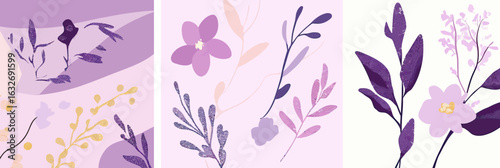 Elegant purple floral vector set featuring orchid flowers, abstract leaves, branches, and minimalist botanical illustrations perfect for wedding invitations and decorative backgrounds