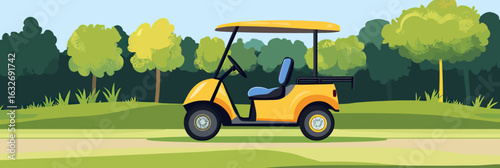 Yellow golf cart parked on grassy fairway with trees in flat minimalist vector style golf course vehicle illustration