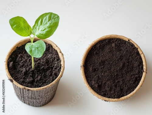 Green Plant Seedling Growing in Pot with Fresh Soil Preparation
