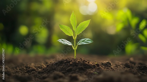 Fresh Green Seedling Growing in Rich Soil under Warm Sunlight
