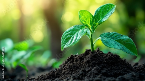 Green Plant Emerging from Dark Soil in Sunlit Forest Environment