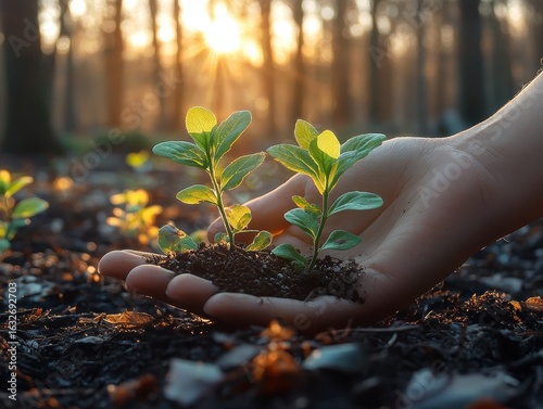 Hand Holding Young Plants in Soil with Sunlight in Forest Background