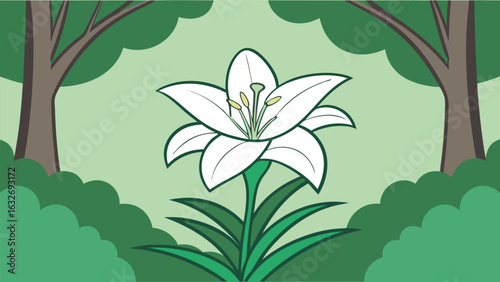 Simple illustration of a delicate white lily flower blooming in a forest setting
