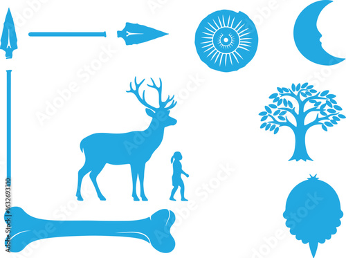 Colouring vector vector art of blue silhouette icons of nature, prehistoric elements, and symbols