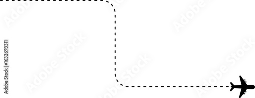 Curved dashed line path with a specific shape, ending with an airplane.
