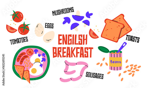 Hand drawn english breakfast illustration set with fried egg, sausages, beans, tomatoes, mushrooms, toasts. Healthy tasty food. Cartoon vector illustration