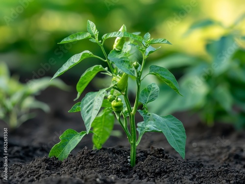 Young Green Pepper Plant Growing in Rich Soil Under Bright Sunlight