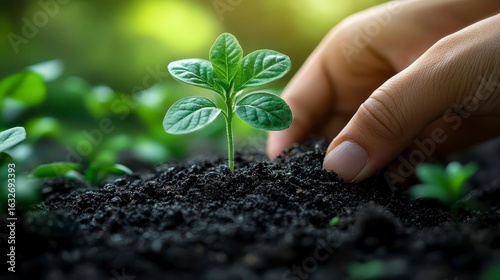 Nurturing Green Seedling in Soil with Gentle Hand Touching Earth