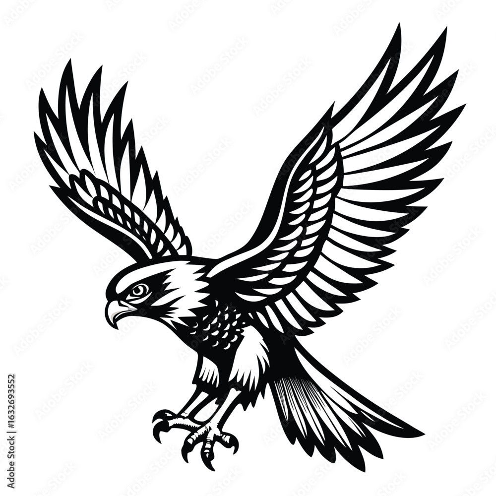 Obraz premium Black And White Engraving Of A Hawk Mid Dive Wings Spread