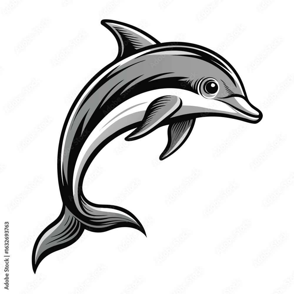 Obraz premium Engraving Style Dolphin Leaping White Background