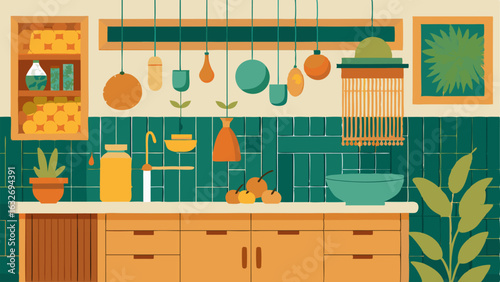 A kitchen with bamboo cabinets a fruitpatterned backsplash and a hanging macrame planter filled with herbs.