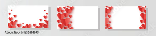 Set of backgrounds with flying paper cut hearts. Abstract concept for Valentine’s Day, Mother’s Day and Women’s Day. Vector illustration