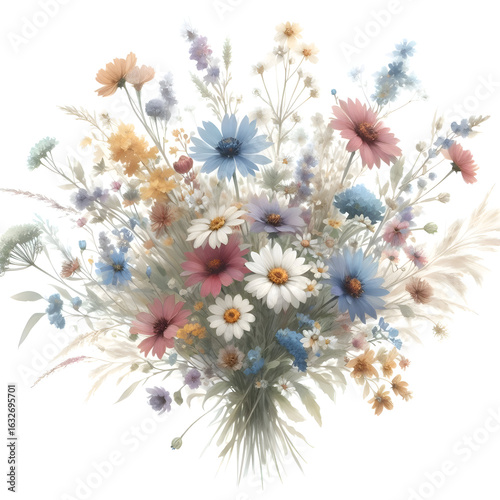 Watercolor wildflower bouquet with soft edges and muted colors, white background