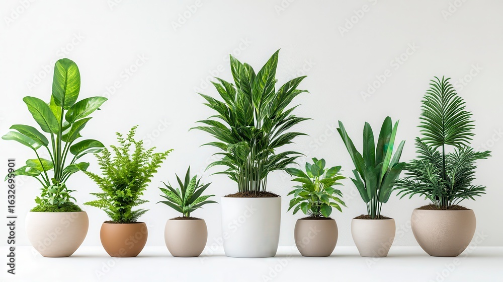 Fototapeta premium Lush Indoor Plants in Various Pots for Fresh Home Decor Ideas