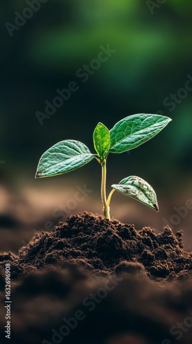 Green Sprout Emerging from Rich Soil Under Soft Natural Light