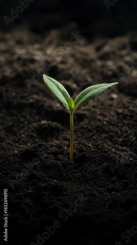 Green Seedling Emerging from Dark Soil in Natural Environment