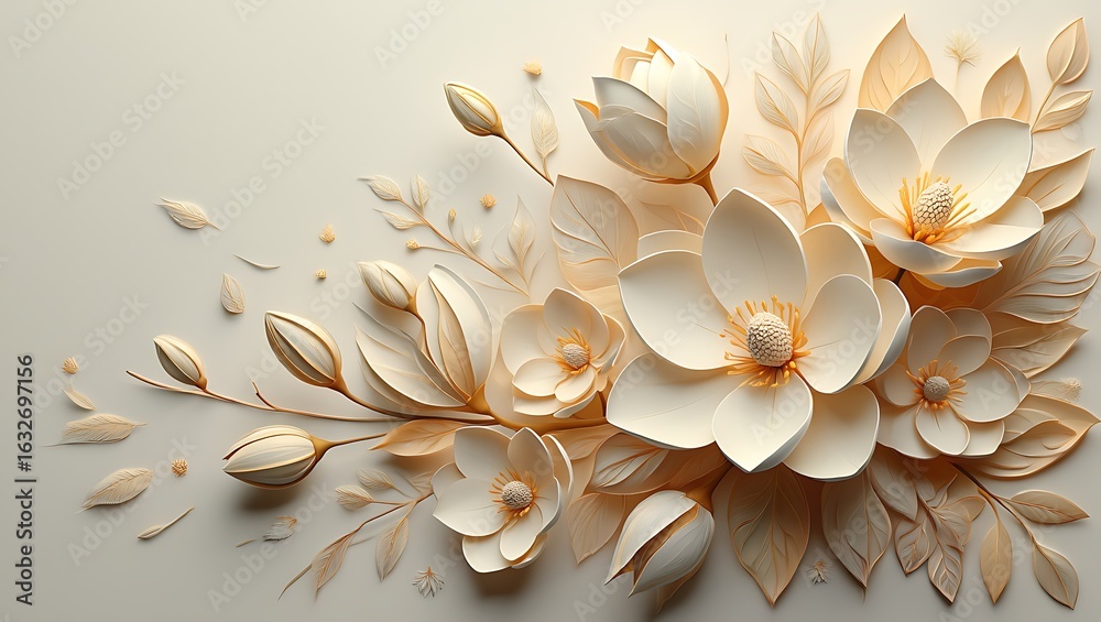 Fototapeta premium Elegant Magnolia Blossom Arrangement on Creamy Background, Gentle Floral Motif for Backgrounds