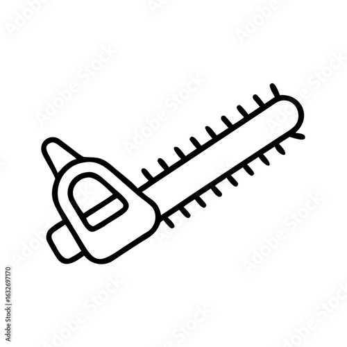 Hedge trimmer in minimalist black line design on white background  