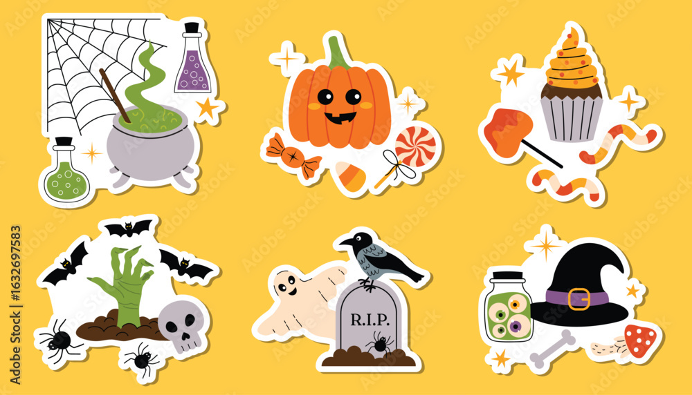 Obraz premium Set of Halloween stickers with spooky still life: pumpkin, cauldron, candies, zombie hand, witch hat, spiders, bones and more.