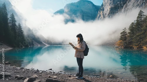 Woman reading map by mountain lake on misty morning