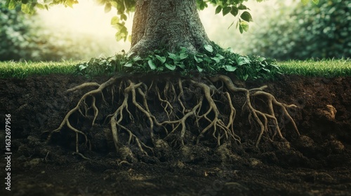 Tree Roots in Soil with Green Grass and Overhanging Leaves