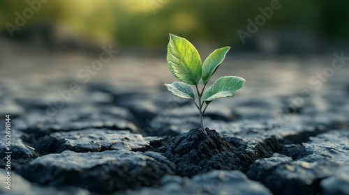 Green Plant Emerging from Dry Cracked Soil in Natural Environment