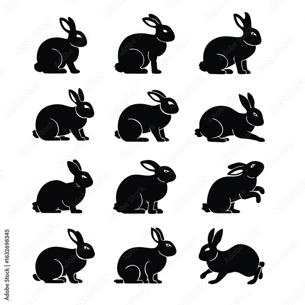 Obraz premium A collection of black rabbit silhouettes in various poses, 