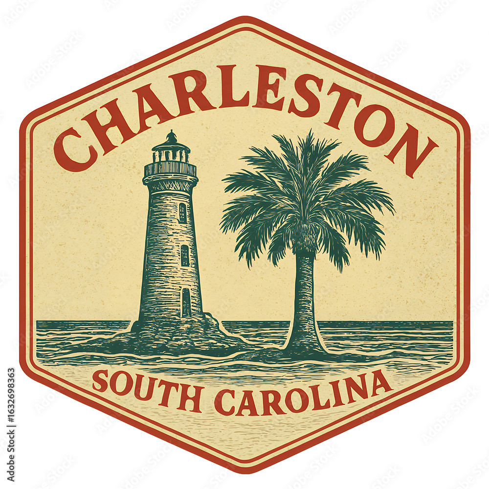 Obraz premium Charleston, South Carolina, depicted in a vintage lighthouse and palm tree badge design. Vintage emblem badge patch, retro design, transparent background